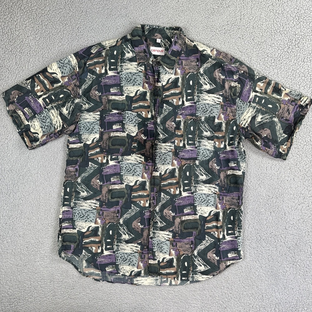VTG 90's Campus 100% Silk Shirt Men Large Multicolor Abstract Geometric Pocket